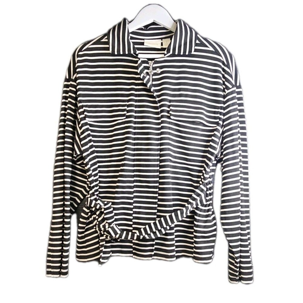 Chico’s Nautical Striped Jacket Womens 1 Medium Black White Zip Belted Coastal